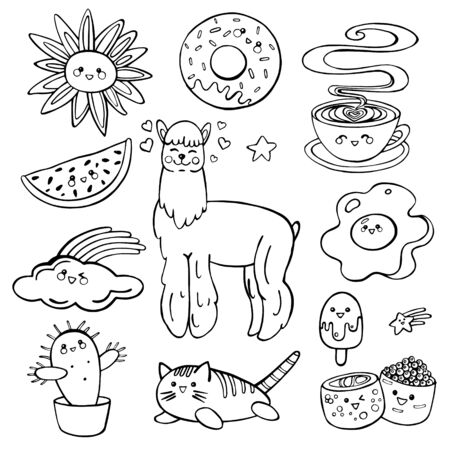 Cute kawaii style doodle hand drawn contour black collection set. Sweet llama, donut, cactus, sweets, ice cream, cat, rainbow, cloud, cup of coffee. Lovely baby style vector illustration isolated on white backgroundのイラスト素材