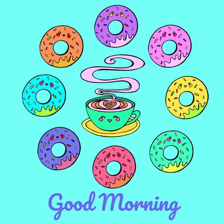 Good morning. Cute vector illustration. Cup of coffee and donuts. Breakfast. Kawaii styleのイラスト素材