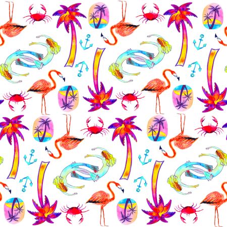 Colorful seamless summer pattern with bright hand drawn beach elements. Tropical background. Fashion print design. Watercolor illustration isolated on white. You can change background to any colorの写真素材