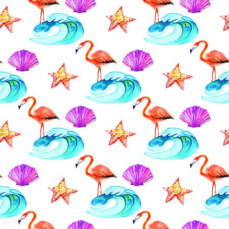 Colorful seamless summer pattern with pink flamingo. Tropical background. Fashion print design. Watercolor illustration isolated on white. You can change background to any colorの写真素材
