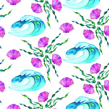 Summer ocean pattern with wave, shell and seaweeds. Underwater. Fashion print design. Watercolor illustration isolated on white. You can change background to any colorの写真素材