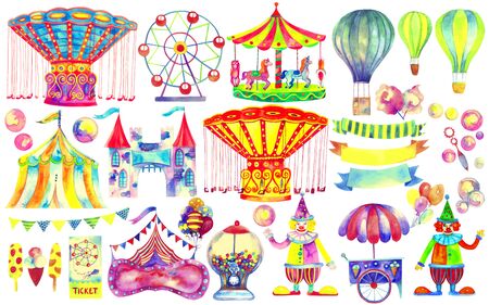 Amusement park hand drawn set. Circus and carnival theme. Ferris wheel, fair ride, carousels, attraction, air ballons, clowns and other colorful watercolor illustration isolated on white backgroundの写真素材