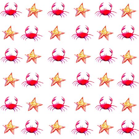 Starfish and crab seamless pattern. Marine digital paper. Watercolor illustration isolated on white backgroundの写真素材