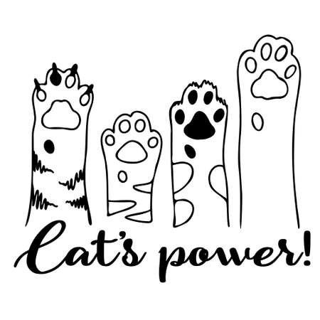 Cats power. Handwritten inspirational quote. Typography lettering design. Vector illustration in tattoo style isolated on white background. Print for cat lovers.のイラスト素材