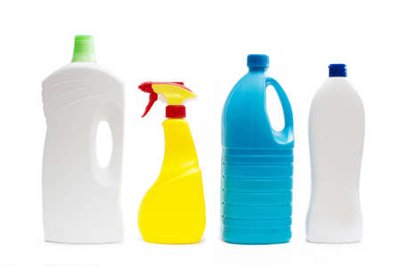 Plastic containers of cleaning products, isolated on white backgroundの写真素材