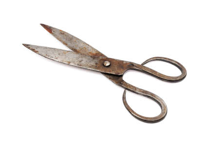 Rusty scissors isolated on white backgroundの写真素材