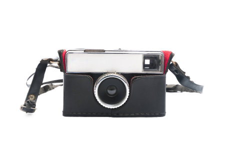  Vintage camera with leather case isolated on white background