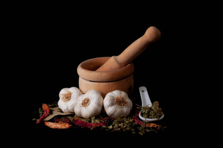 wooden mortar with vegetables and spicesの写真素材