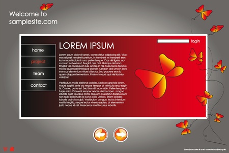 web site design template for company with red background, white frame, arrows and butterfliesのイラスト素材