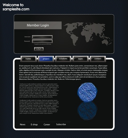 vector web site for company webdesign with dark background, world map and glossy buttonsのイラスト素材