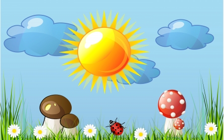 Beautiful vector landscape with green grass, garden, mushrooms and flowers and blue heaven. Abstract background.のイラスト素材