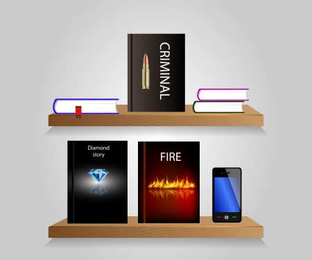 Vector bookshelf with some books and shelfs. Background.のイラスト素材