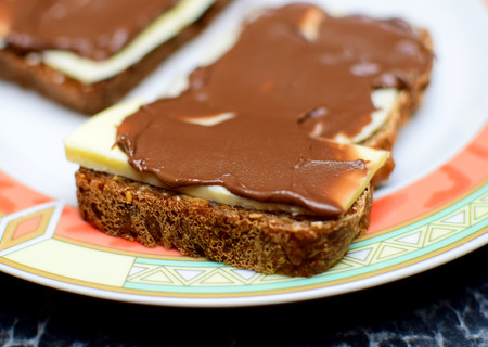 sweet sandwich from fresh toast with chocolate spreadの写真素材