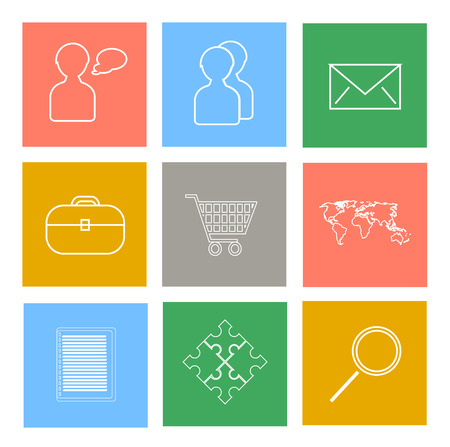Vector set of flat line icons - people, office, envelope, basket, world map, notepad, puzzle symbol and magnifying glass.のイラスト素材