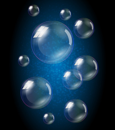 Vector soap bubbles. Blue clear water drops in the air. Nice background.の写真素材