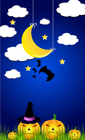Halloween night sky with moon, bats, clouds and pumpkins.のイラスト素材