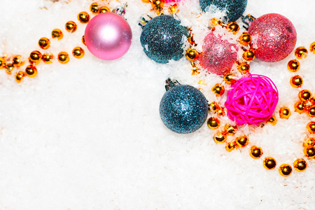 Christmas background with snow and decorations.の写真素材