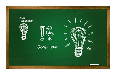 Vector school green class board with chalk and pictures for new idea concept. Isolation over white background. School is back.の写真素材