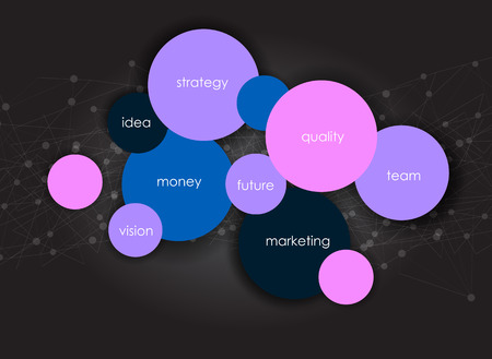 Vector business infographics with circle bubbles / mission, vision, future and strategy motive or theme on dark backgroundのイラスト素材