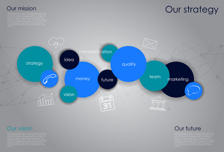 Vector business infographics with circle bubbles / mission, vision, future and strategy motive or theme on dark backgroundのイラスト素材