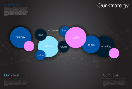 Vector business infographics with circle bubbles / mission, vision, future and strategy motive or theme on dark backgroundのイラスト素材