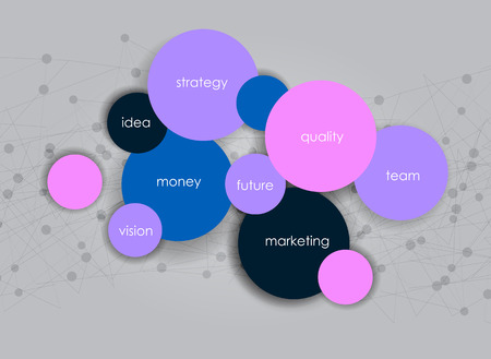 Vector business infographics with circle bubbles / mission, vision, future and strategy motive or theme on dark backgroundのイラスト素材