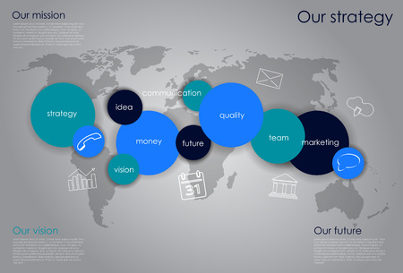 Vector business infographics with circle bubbles / mission, vision, future and strategy motive or theme on dark backgroundのイラスト素材