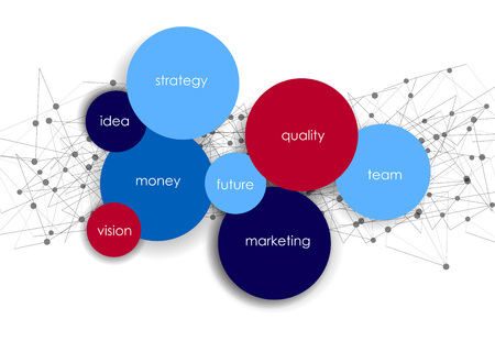 Vector business infographic with circle bubbles / mission, vision, future and strategy motive or theme on dark backgroundのイラスト素材