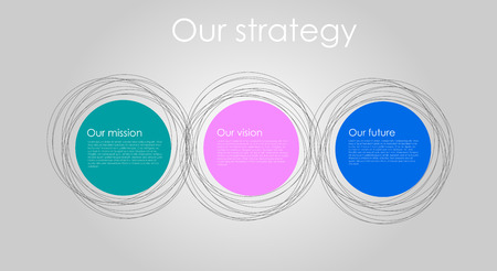 Vector business infographics with circle bubbles / mission, vision, future and strategy motive or theme on dark backgroundのイラスト素材