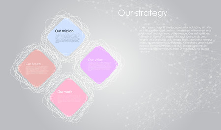 Vector business infographics with cube bubbles and flat line sacred geometry / mission, vision, future and strategy motive or theme on dark backgroundのイラスト素材