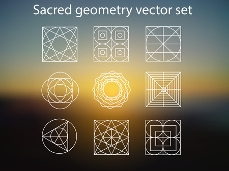 Sacred geometry. Vector set of religion, alchemy, philosophy, spirituality, hipster and new age symbols and elements. Magic sunshine background.のイラスト素材