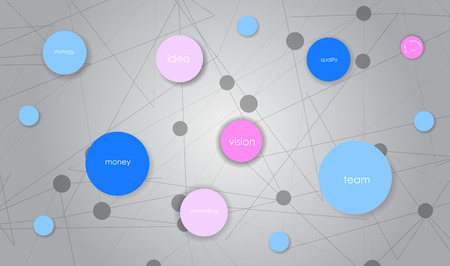 Vector business infographics with circle bubbles / mission, vision, future and strategy motive or theme on dark backgroundのイラスト素材