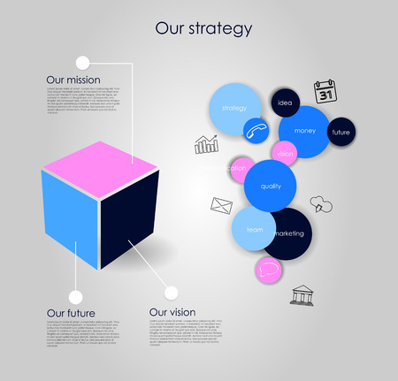 Vector business infographics with circle bubbles and 3D cube / mission, vision, future and strategy motive or theme on dark backgroundのイラスト素材