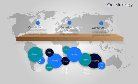 Vector business infographics with circle bubbles / mission, vision, future and strategy motive or theme on dark backgroundのイラスト素材