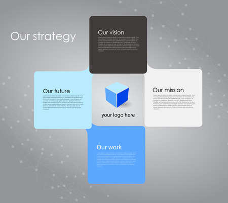Vector business infographic with cube bubbles / mission, vision, future and strategy motive or theme on dark backgroundのイラスト素材