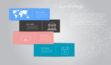 Vector business infographic with cube bubbles / mission, vision, future and strategy motive or theme on dark backgroundのイラスト素材