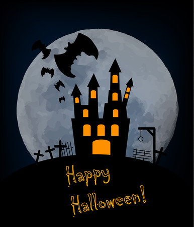 Vector halloween background with silhouette of old castle, moon and cemetery.のイラスト素材