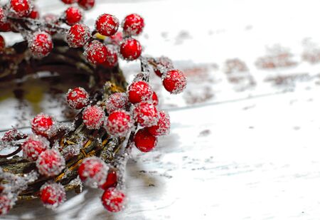 Christmas background with decoration on wooden board. Winter season background.の写真素材