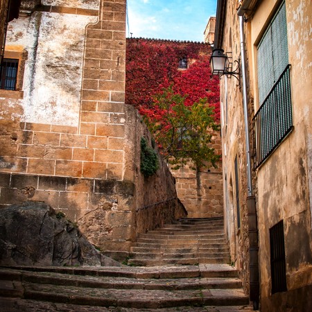 Stairs detail of narrow cobblestone alley in Caceres (Spain)の写真素材