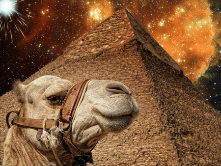 Photo-montage of Khafre Pyramid and Infant Stars in the Small Magellanic Cloud (Elements of this image furnished by NASA)の写真素材