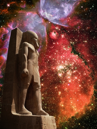 Photo-montage of Ramses II colossus and Small Magellanic Cloud and Butterfly Nebula (Elements of...
