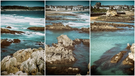 Collage nature, waves breaking in the beach in vertical cutsの写真素材