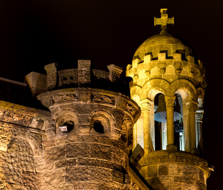 Night photo and tower detail of Expiatory Temple of the Sacred Heart (Barcelona)の写真素材