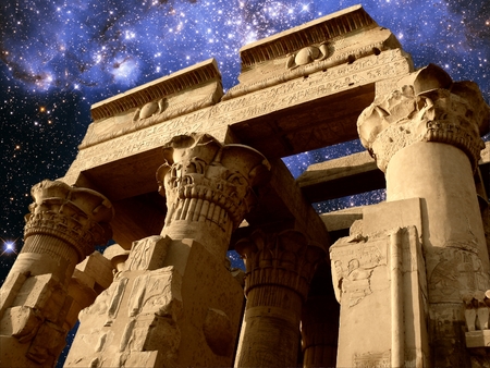 Photo-montage of Kom-Ombo temple and Small Magellanic Cloud as background Elements of this image furnished by NASAの写真素材