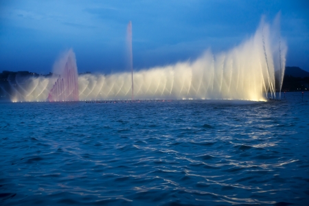  China Hangzhou West Lake Music Fountain at nightの写真素材