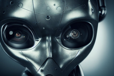 3d rendering humanoid robot with big eyes isolated on gray background.の素材