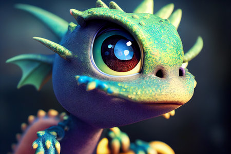 Fantasy dragon with green eyes. 3d illustration. Toned.の素材