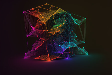 Abstract neon polygonal figure, consisting of points and lines on a dark backgroundの素材