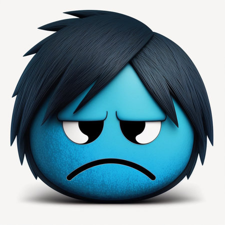 Sad blue emoticon with black hair on white background. 3D rendering.の素材