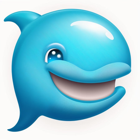 Smiling blue cartoon dolphin isolated on white background. Vector illustration.の素材